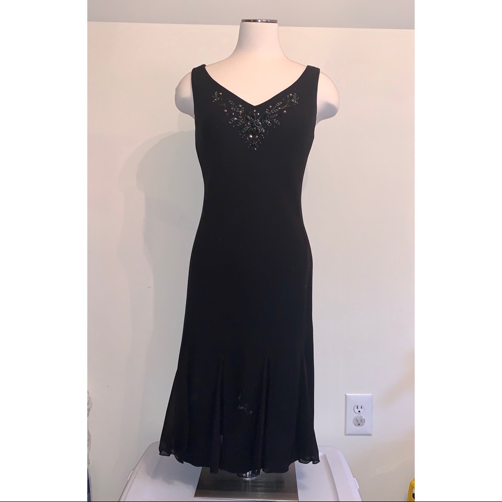 SL Fashions Black Midi Dress Beaded Neck Sleeveless Elegant Evening Size 10